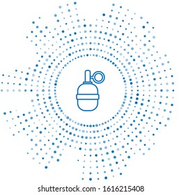 Blue line Hand grenade icon isolated on white background. Bomb explosion. Abstract circle random dots. Vector Illustration