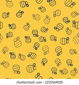 Blue line Hand grenade icon isolated seamless pattern on yellow background. Bomb explosion.  Vector