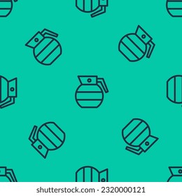 Blue line Hand grenade icon isolated seamless pattern on green background. Bomb explosion.  Vector