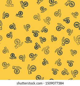 Blue line Hand holding Bitcoin icon isolated seamless pattern on yellow background. Blockchain technology, digital money market, cryptocoin wallet.  Vector Illustration