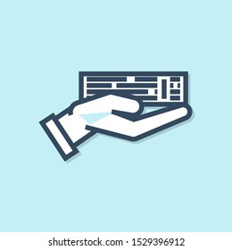 Blue line Hand holding deck of playing cards icon isolated on blue background. Casino gambling.  Vector Illustration