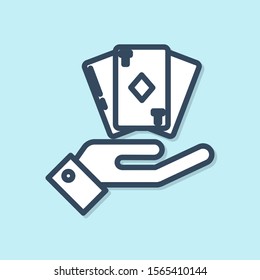 Blue line Hand holding deck of playing cards icon isolated on blue background. Casino gambling.  Vector Illustration