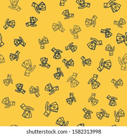 Blue line Hand holding deck of playing cards icon isolated seamless pattern on yellow background. Casino gambling.  Vector Illustration