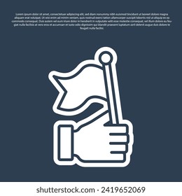 Blue line Hand holding flag icon isolated on blue background. Victory, winning and conquer adversity concept.  Vector