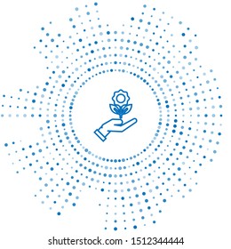 Blue line Hand holding flower icon isolated on white background. Seed and seedling. Planting sapling. Ecology concept. Abstract circle random dots. Vector Illustration