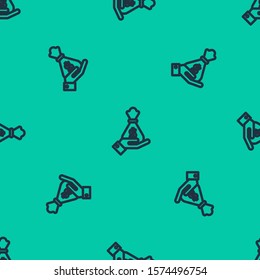 Blue line Hand holding money bag icon isolated seamless pattern on green background. Dollar or USD symbol. Cash Banking currency sign.  Vector Illustration
