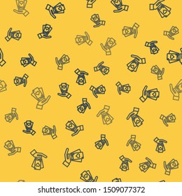 Blue line Hand holding playing cards icon isolated seamless pattern on yellow background. Casino game design.  Vector Illustration