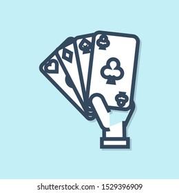 Blue line Hand holding playing cards icon isolated on blue background. Casino game design.  Vector Illustration