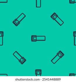 Blue line Hand saw icon isolated seamless pattern on green background.  Vector