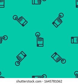 Blue line Hand touch and tap gesture icon isolated seamless pattern on green background. Click here, finger, touch, pointer, cursor, mouse symbol.  Vector Illustration