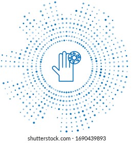 Blue line Hand with virus icon isolated on white background. Corona virus 2019-nCoV. Bacteria and germs, cell cancer, microbe, fungi. Abstract circle random dots. Vector Illustration