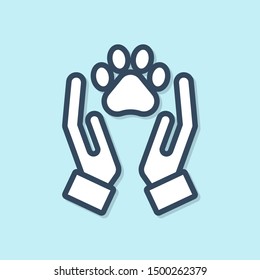 Blue line Hands with animals footprint icon isolated on blue background. Pet paw in heart. Love to the animals.  Vector Illustration