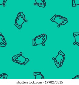 Blue line Hands in praying position with rosary icon isolated seamless pattern on green background. Praying hand islam muslim religion spirituality religious.  Vector