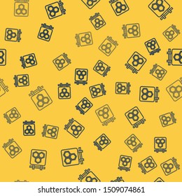 Blue line Hanging sign with honeycomb isolated seamless pattern on yellow background. Signboard icon. Honey cells symbol. Sweet natural food.  Vector Illustration