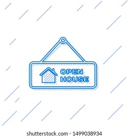 Blue line Hanging sign with text Open house icon isolated on white background. Signboard with text Open house.  Vector Illustration