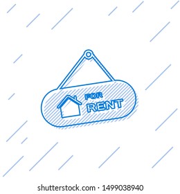 Blue line Hanging sign with text For Rent icon isolated on white background. Signboard with text For Rent.  Vector Illustration
