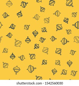 Blue line Hanukkah dreidel icon isolated seamless pattern on yellow background.  Vector Illustration