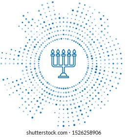 Blue line Hanukkah menorah icon isolated on white background. Hanukkah traditional symbol. Holiday religion, jewish festival of Lights. Abstract circle random dots. Vector Illustration