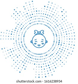 Blue line Happy little girl head icon isolated on white background. Face of baby girl. Abstract circle random dots. Vector Illustration