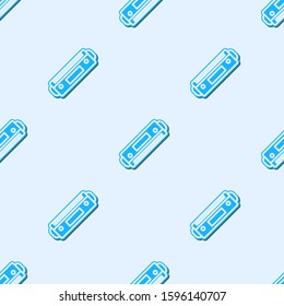 Blue line Harmonica icon isolated seamless pattern on grey background. Musical instrument.  Vector Illustration