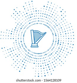 Blue line Harp icon isolated on white background. Classical music instrument, orhestra string acoustic element. Abstract circle random dots. Vector Illustration