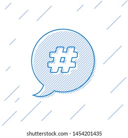 Blue line Hashtag speech bubble icon isolated on white background. Concept of number sign, social media marketing, micro blogging.  Vector Illustration