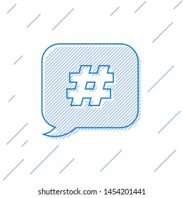 Blue line Hashtag speech bubble icon isolated on white background. Concept of number sign, social media marketing, micro blogging.  Vector Illustration