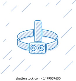 Blue line Head flashlight icon isolated on white background. Tourist head flashlight. Camping head light.  Vector Illustration