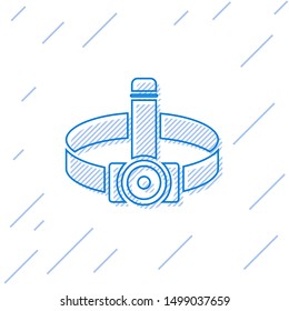 Blue line Head flashlight icon isolated on white background. Tourist head flashlight. Camping head light.  Vector Illustration