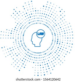 Blue line Head with law icon isolated on white background. Abstract circle random dots. Vector Illustration