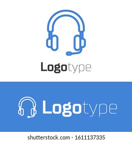 Blue line Headphones icon isolated on white background. Earphones. Concept for listening to music, service, communication and operator. Logo design template element. Vector Illustration