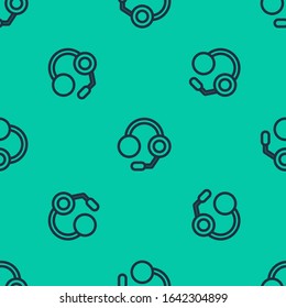 Blue line Headphones icon isolated seamless pattern on green background. Earphones. Concept for listening to music, service, communication and operator.  Vector Illustration