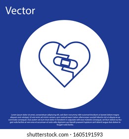 Blue line Healed broken heart or divorce icon isolated on blue background. Shattered and patched heart. Love symbol. Valentines day. White circle button. Vector Illustration