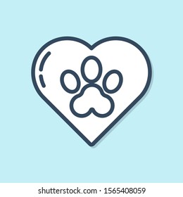 Blue line Heart with animals footprint icon isolated on blue background. Pet paw in heart. Love to the animals.  Vector Illustration