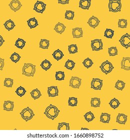 Blue line Heart in the center of darts target aim icon isolated seamless pattern on yellow background. Valentines day.  Vector Illustration