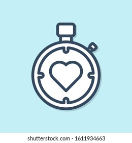 Blue line Heart in the center stopwatch icon isolated on blue background. Valentines day.  Vector Illustration