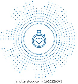 Blue line Heart in the center stopwatch icon isolated on white background. Valentines day. Abstract circle random dots. Vector Illustration