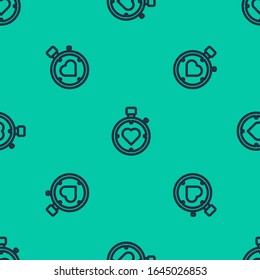 Blue line Heart in the center stopwatch icon isolated seamless pattern on green background. Valentines day.  Vector Illustration