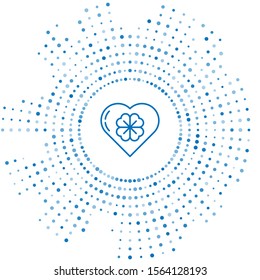 Blue line Heart with four leaf clover icon isolated on white background. Happy Saint Patrick day. Abstract circle random dots. Vector Illustration