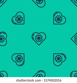 Blue line Heart with four leaf clover icon isolated seamless pattern on green background. Happy Saint Patrick day.  Vector Illustration