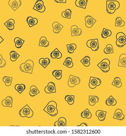 Blue line Heart with four leaf clover icon isolated seamless pattern on yellow background. Happy Saint Patrick day.  Vector Illustration