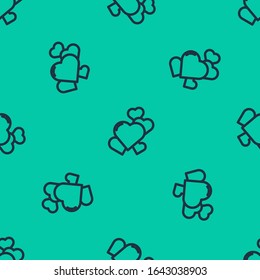 Blue line Heart icon isolated seamless pattern on green background. Romantic symbol linked, join, passion and wedding. Valentine day symbol.  Vector Illustration