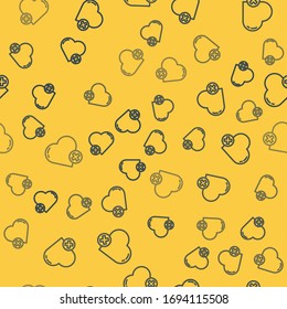 Blue line Heart icon isolated seamless pattern on yellow background. Romantic symbol linked, join, passion and wedding. Valentine day symbol.  Vector Illustration