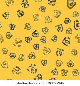 Blue line Heart icon isolated seamless pattern on yellow background. Romantic symbol linked, join, passion and wedding. Valentine day. February 14.  Vector Illustration