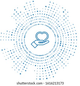 Blue line Heart on hand icon isolated on white background. Hand giving love symbol. Valentines day symbol. Abstract circle random dots. Vector Illustration