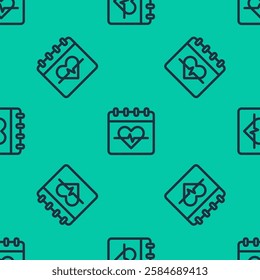 Blue line Heart rate icon isolated seamless pattern on green background. Heartbeat sign. Heart pulse icon. Cardiogram icon.  Vector