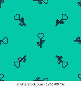 Blue line Heart shape in a flower icon isolated seamless pattern on green background.  Vector