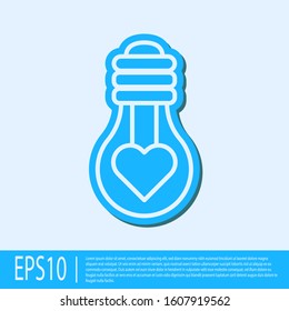 Blue line Heart shape in a light bulb icon isolated on grey background. Love symbol. Valentine day symbol.  Vector Illustration