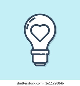Blue line Heart shape in a light bulb icon isolated on blue background. Love symbol. Valentine day symbol.  Vector Illustration