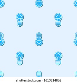 Blue line Heart shape in a light bulb icon isolated seamless pattern on grey background. Love symbol. Valentine day symbol.  Vector Illustration